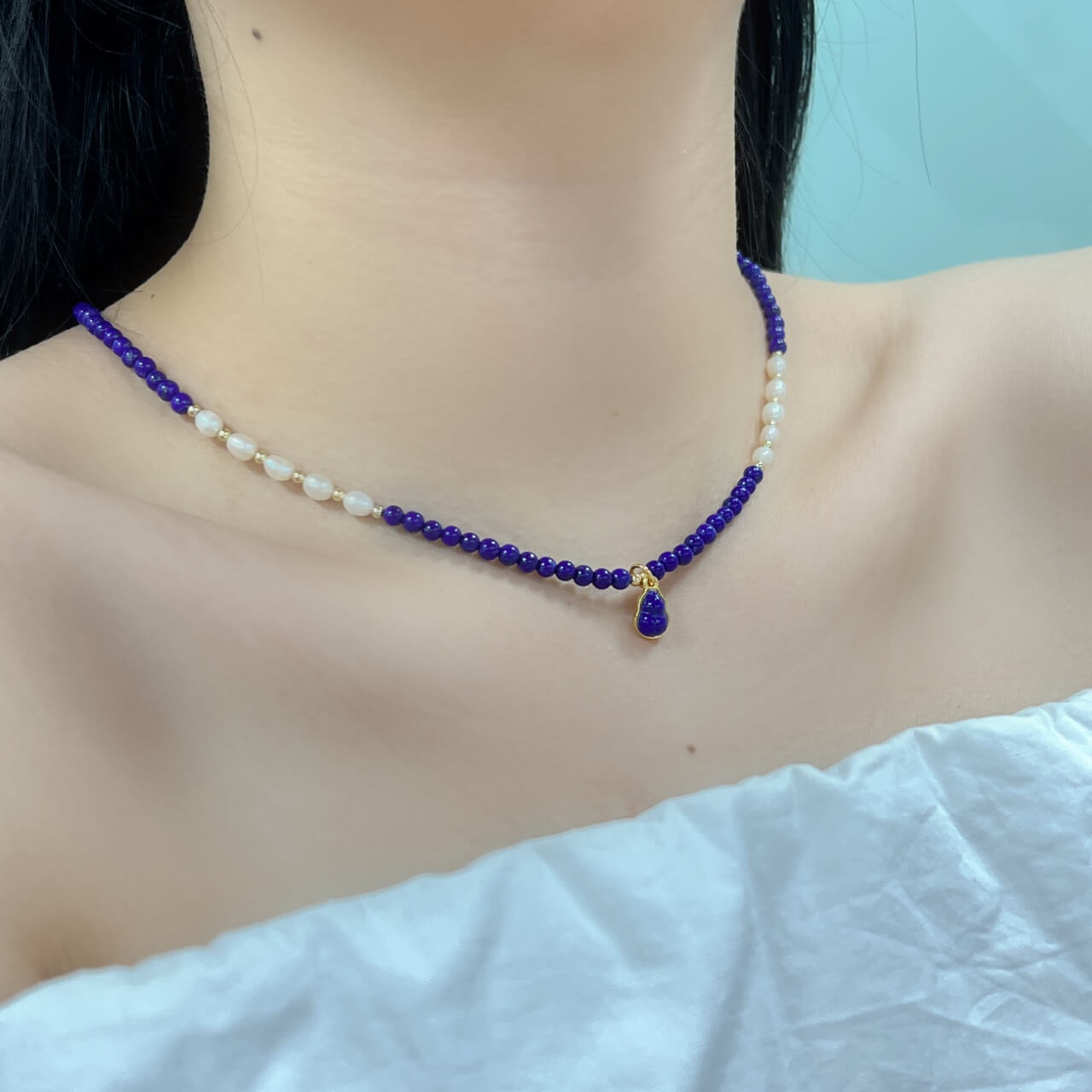 Lapis Lazuli Gourd Pearl Necklace Natural Freshwater Pearls, 925Sterling Silver