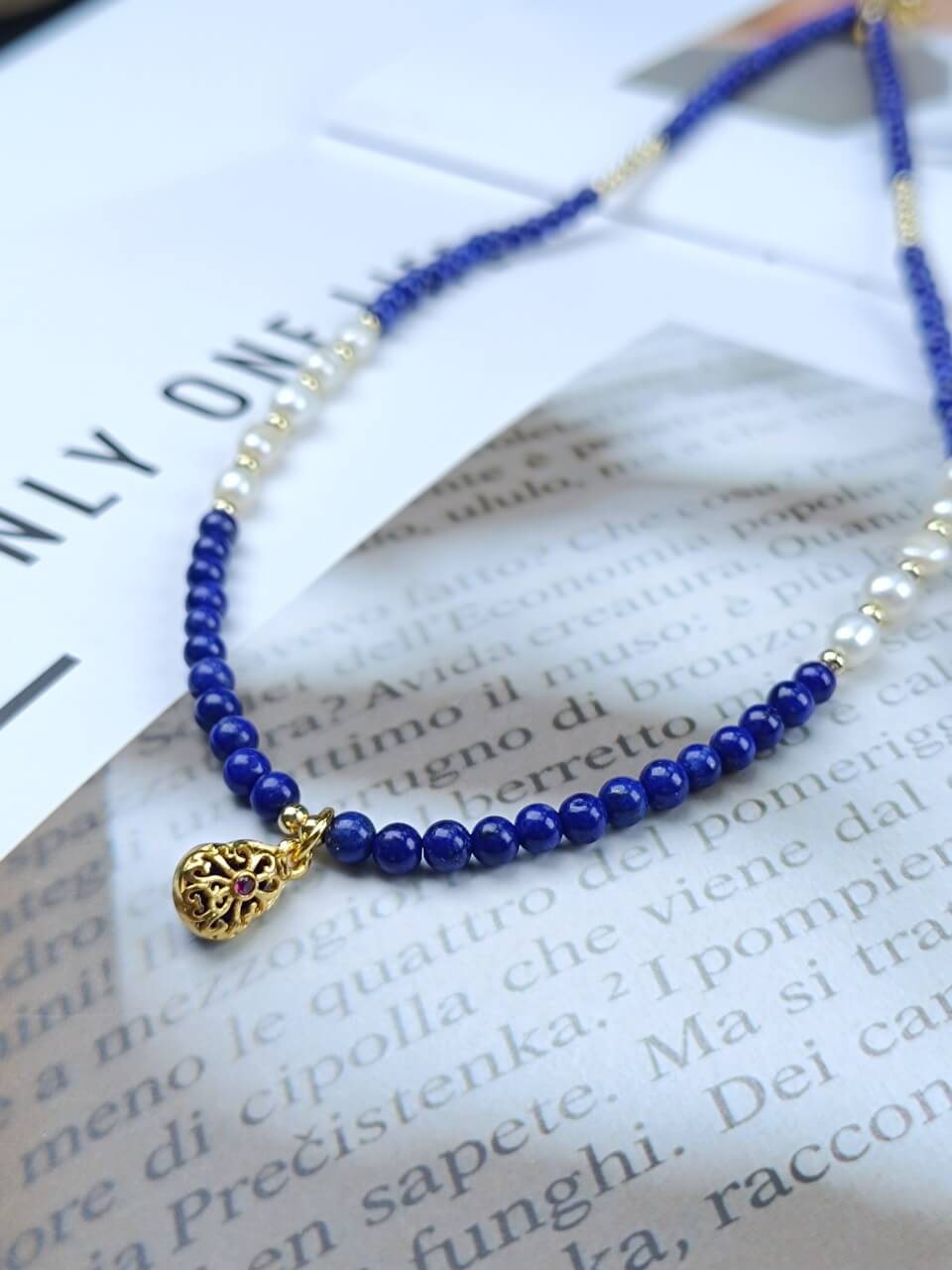Lapis Lazuli Gourd Pearl Necklace Natural Freshwater Pearls, 925Sterling Silver