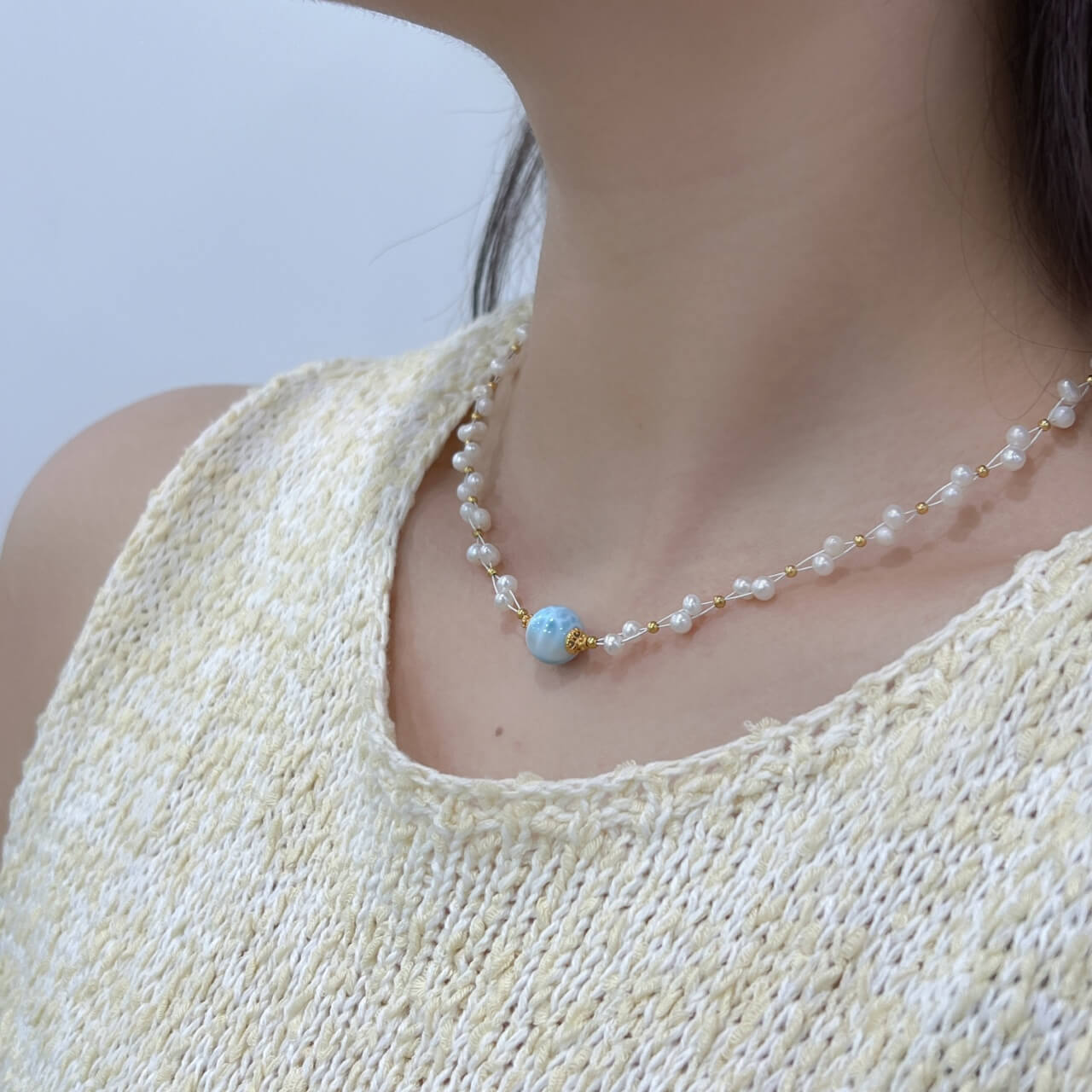 Sea Stone Pearl Necklace Natural Freshwater Pearls Sea Stone, 925 Sterling Silver