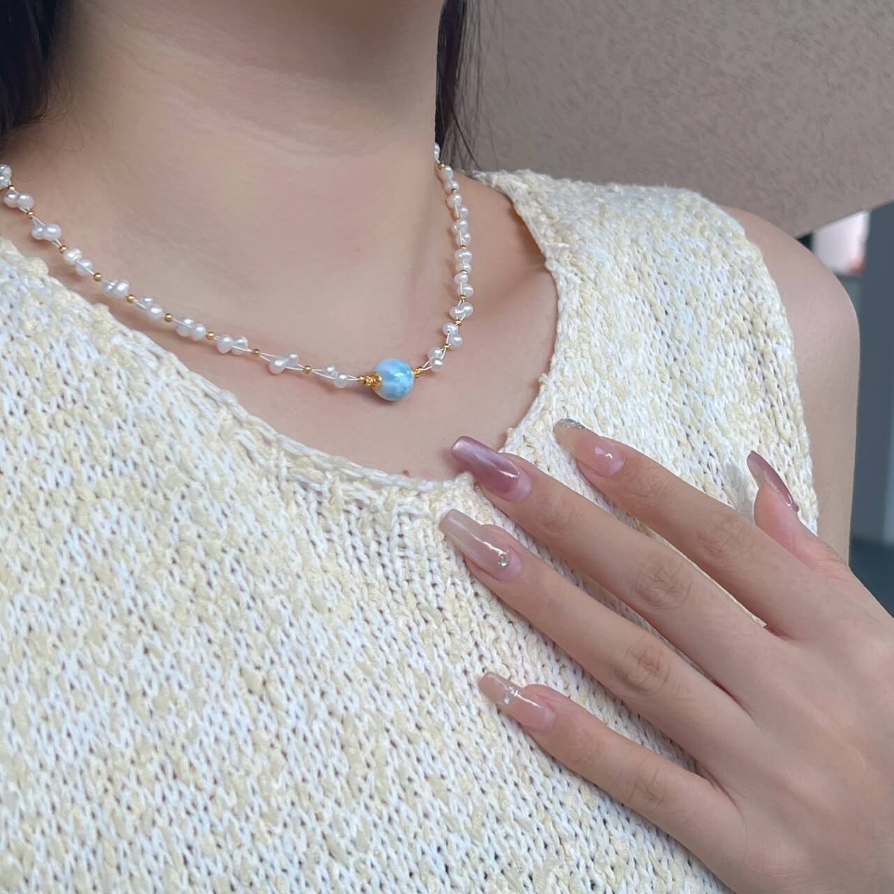 Sea Stone Pearl Necklace Natural Freshwater Pearls Sea Stone, 925 Sterling Silver