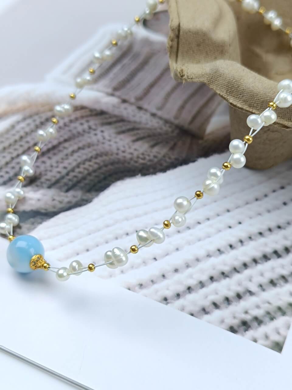 Sea Stone Pearl Necklace Natural Freshwater Pearls Sea Stone, 925 Sterling Silver