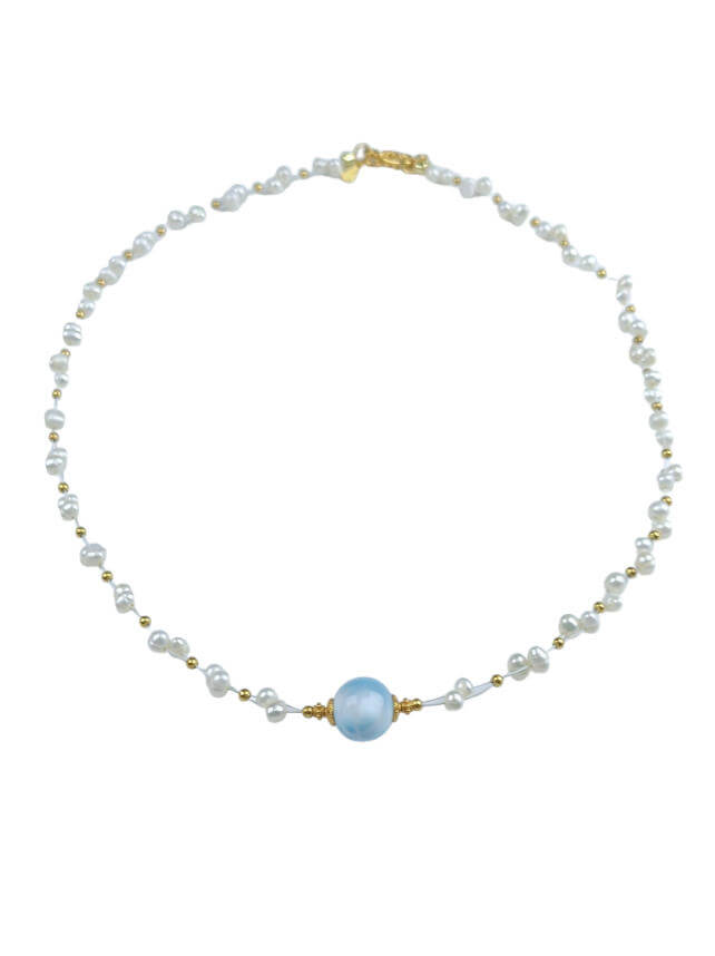 Sea Stone Pearl Necklace Natural Freshwater Pearls Sea Stone, 925 Sterling Silver