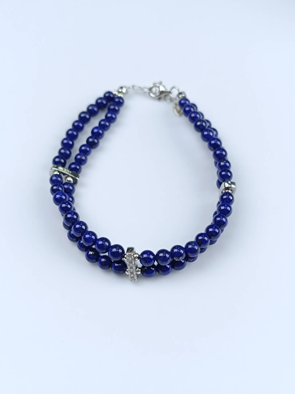 Lapis Lazuli Round Bead Double-Strand Bracelet with 925 Sterling Silver