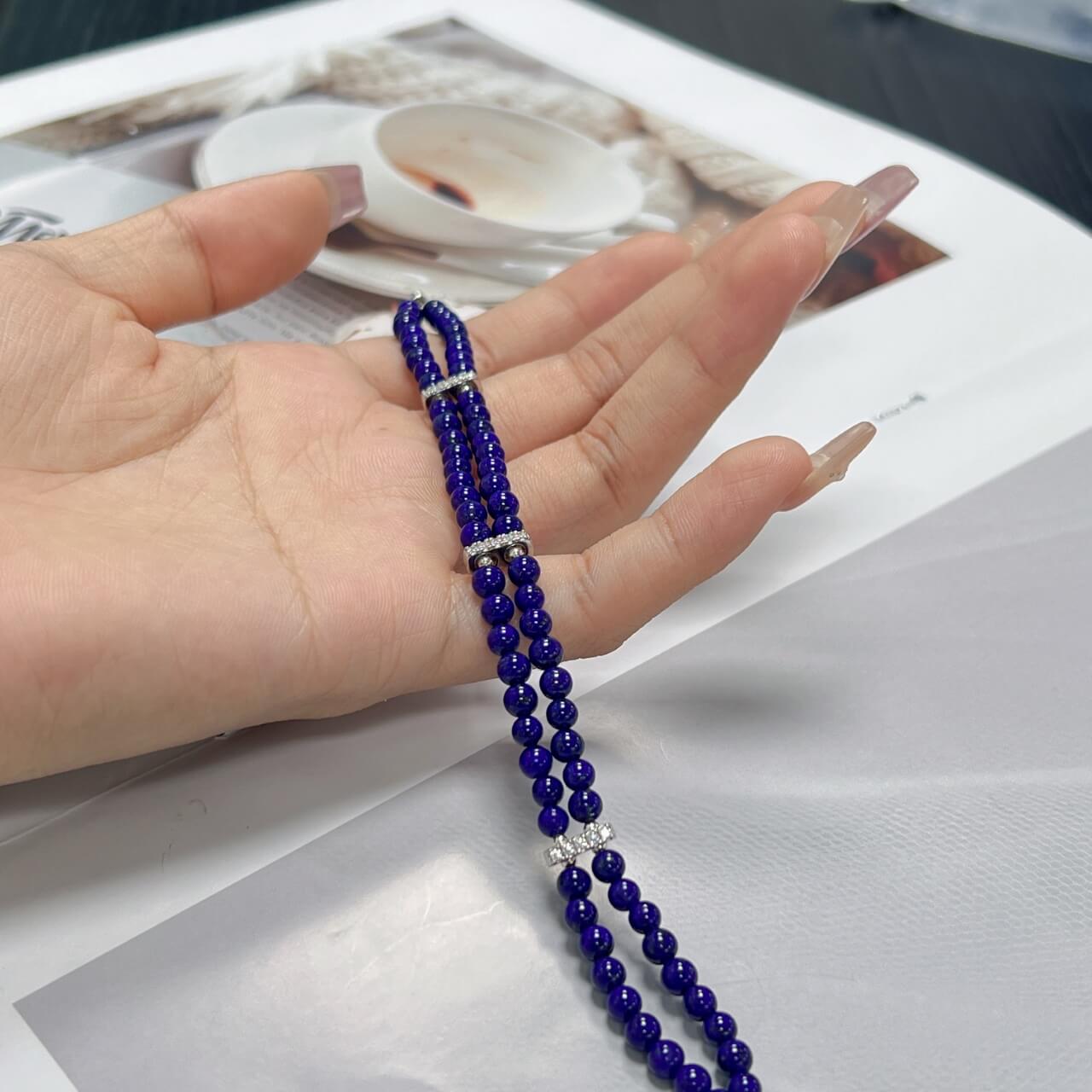 Lapis Lazuli Round Bead Double-Strand Bracelet with 925 Sterling Silver