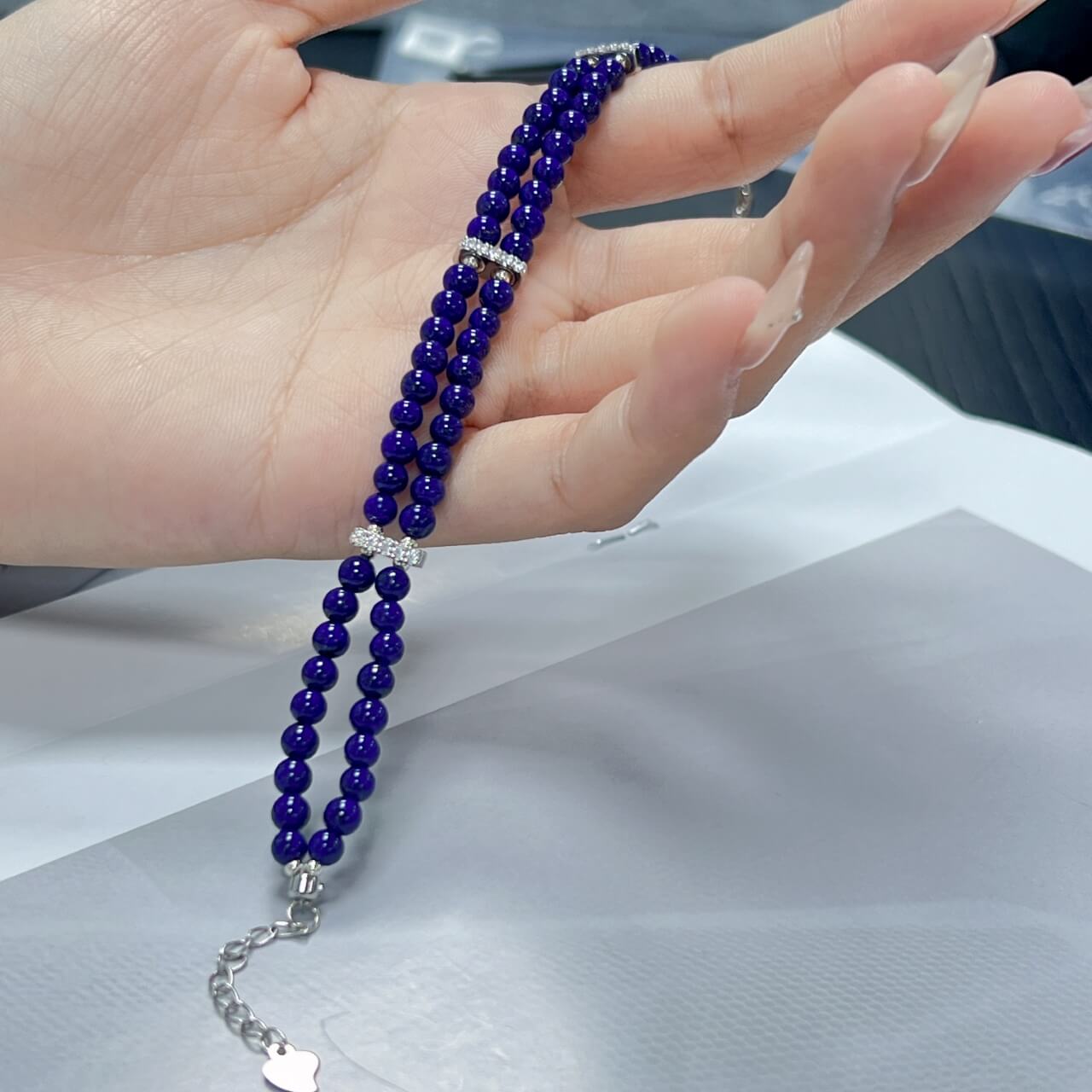 Lapis Lazuli Round Bead Double-Strand Bracelet with 925 Sterling Silver