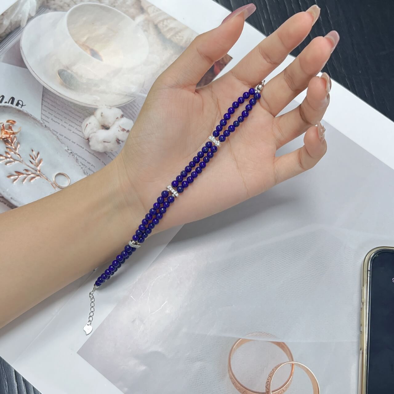 Lapis Lazuli Round Bead Double-Strand Bracelet with 925 Sterling Silver