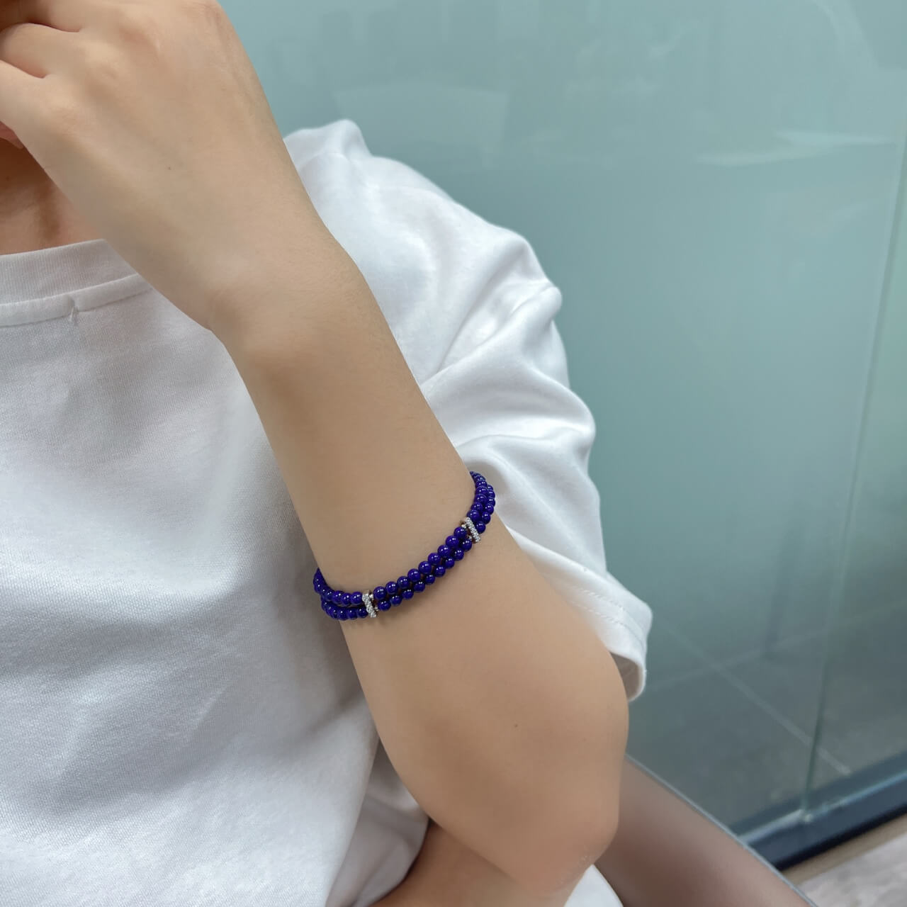 Lapis Lazuli Round Bead Double-Strand Bracelet with 925 Sterling Silver