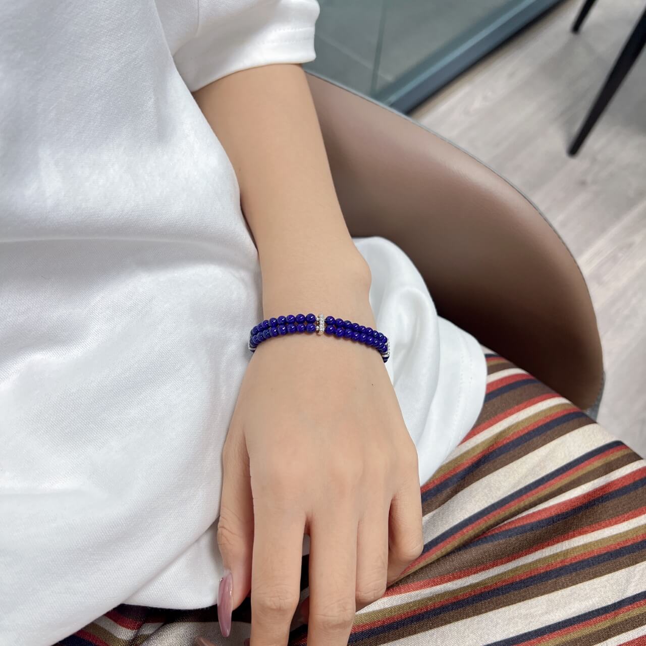 Lapis Lazuli Round Bead Double-Strand Bracelet with 925 Sterling Silver