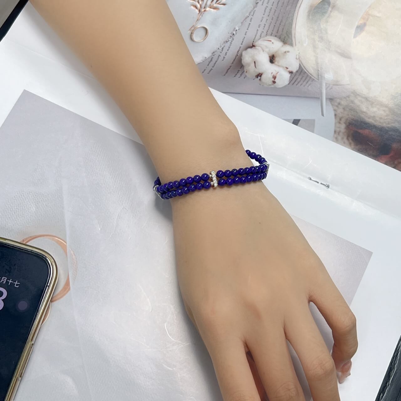 Lapis Lazuli Round Bead Double-Strand Bracelet with 925 Sterling Silver