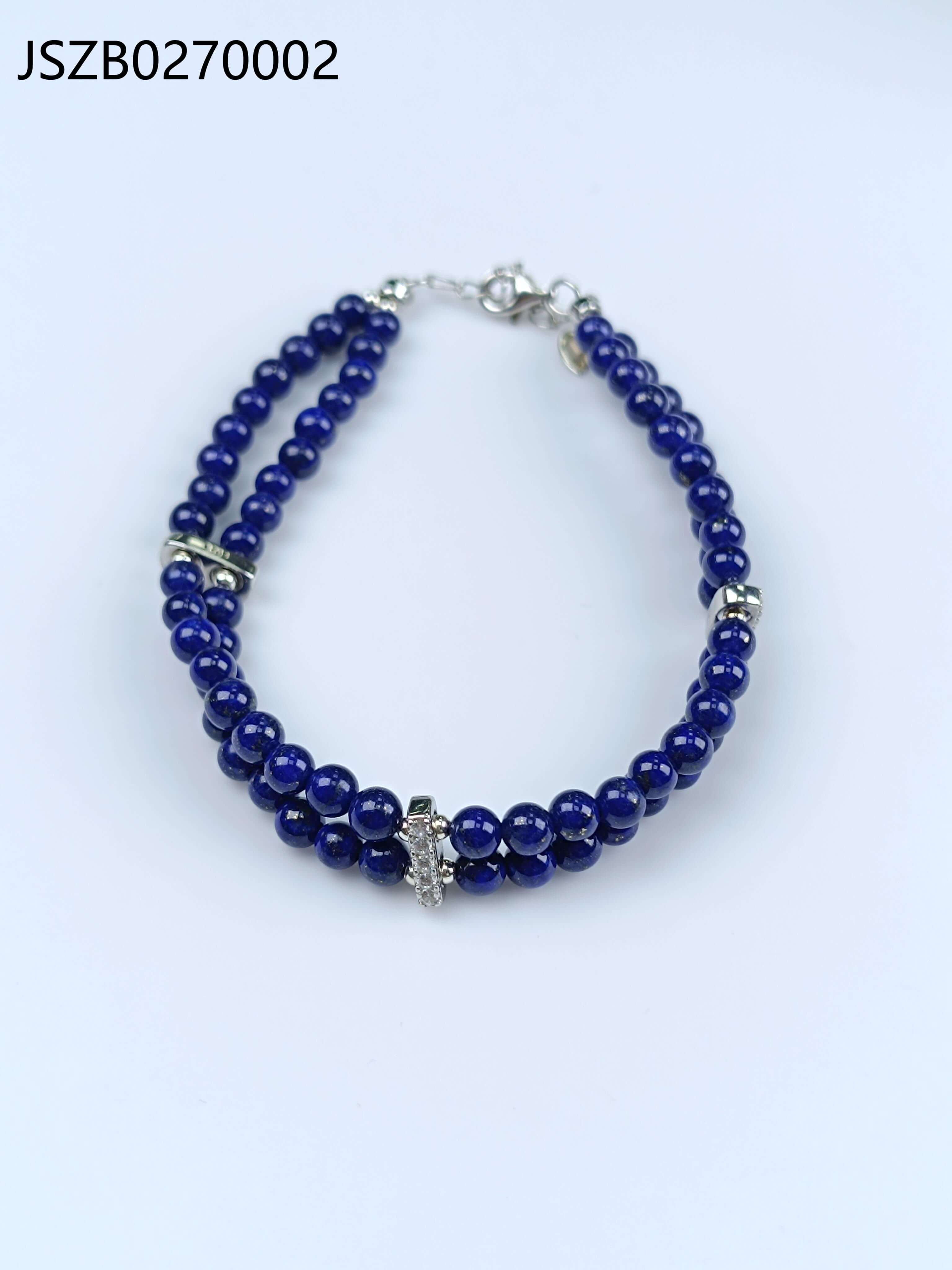 Lapis Lazuli Round Bead Double-Strand Bracelet with 925 Sterling Silver