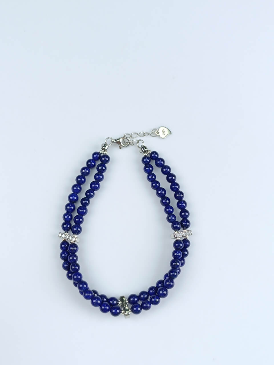 Lapis Lazuli Round Bead Double-Strand Bracelet with 925 Sterling Silver