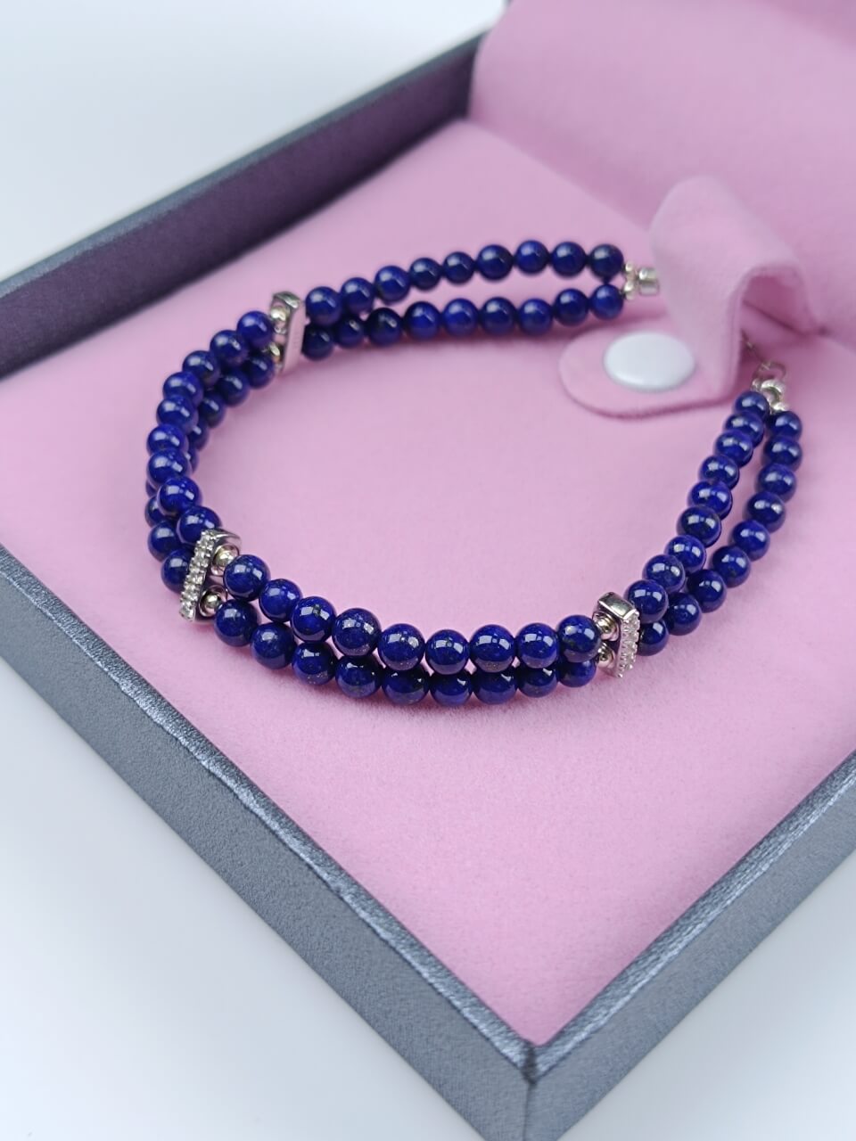 Lapis Lazuli Round Bead Double-Strand Bracelet with 925 Sterling Silver