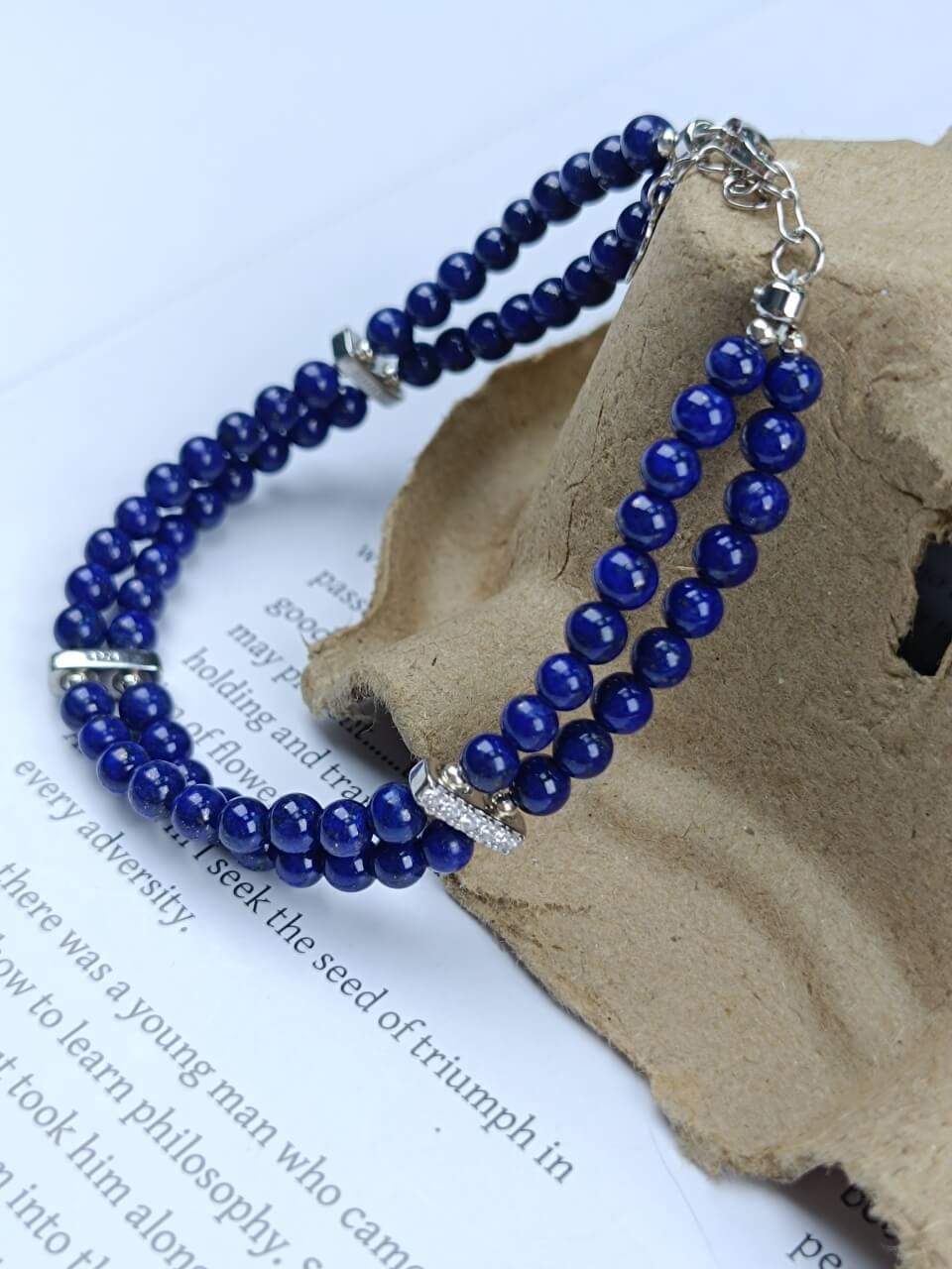 Lapis Lazuli Round Bead Double-Strand Bracelet with 925 Sterling Silver