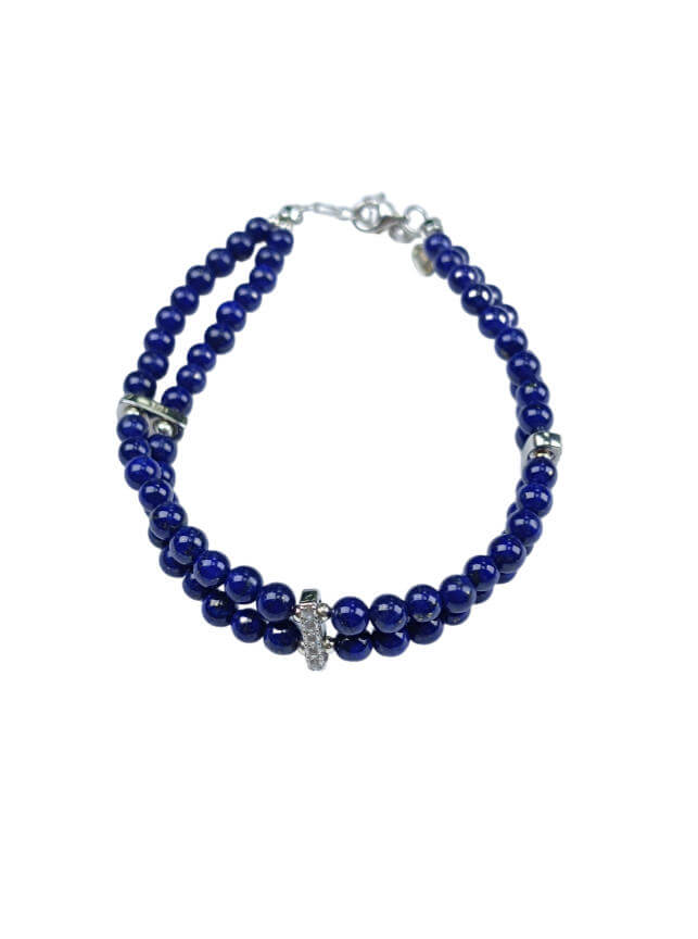 Lapis Lazuli Round Bead Double-Strand Bracelet with 925 Sterling Silver