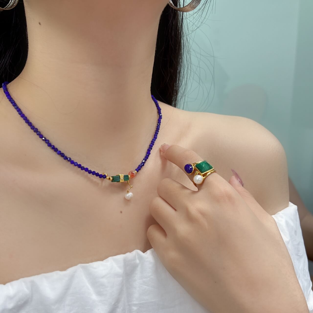 Karma Stone 925 Sterling Silver Lapis Lazuli Malachite Pearl Guardian Necklace