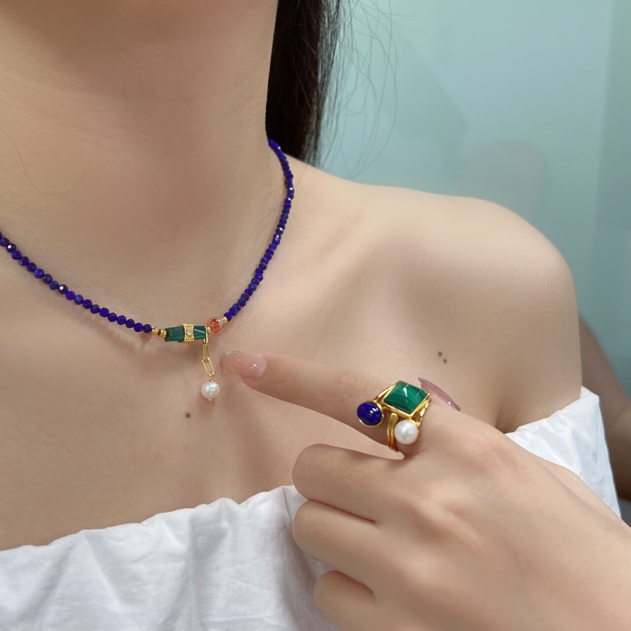 Karma Stone 925 Sterling Silver Lapis Lazuli Malachite Pearl Guardian Necklace