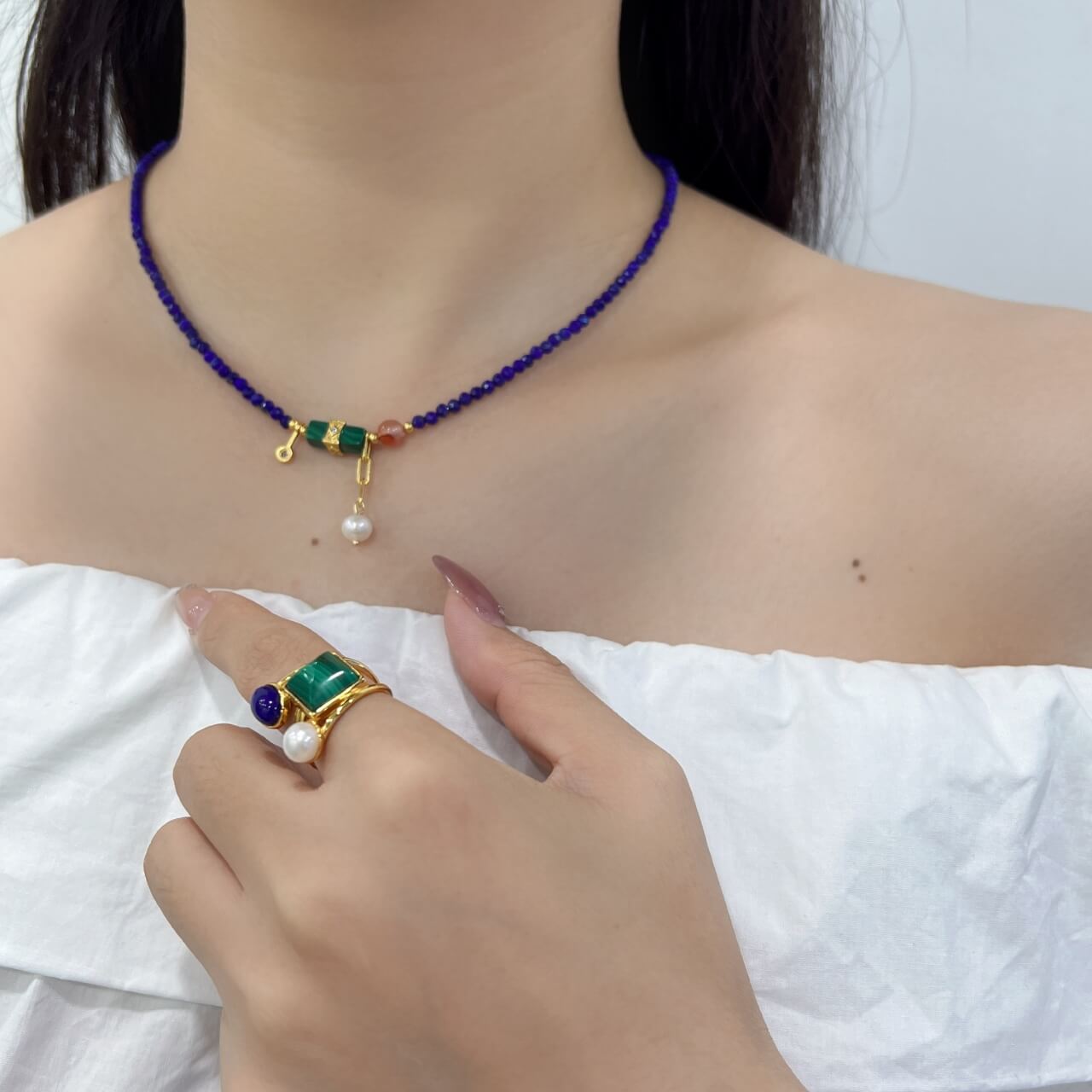 Karma Stone 925 Sterling Silver Lapis Lazuli Malachite Pearl Guardian Necklace