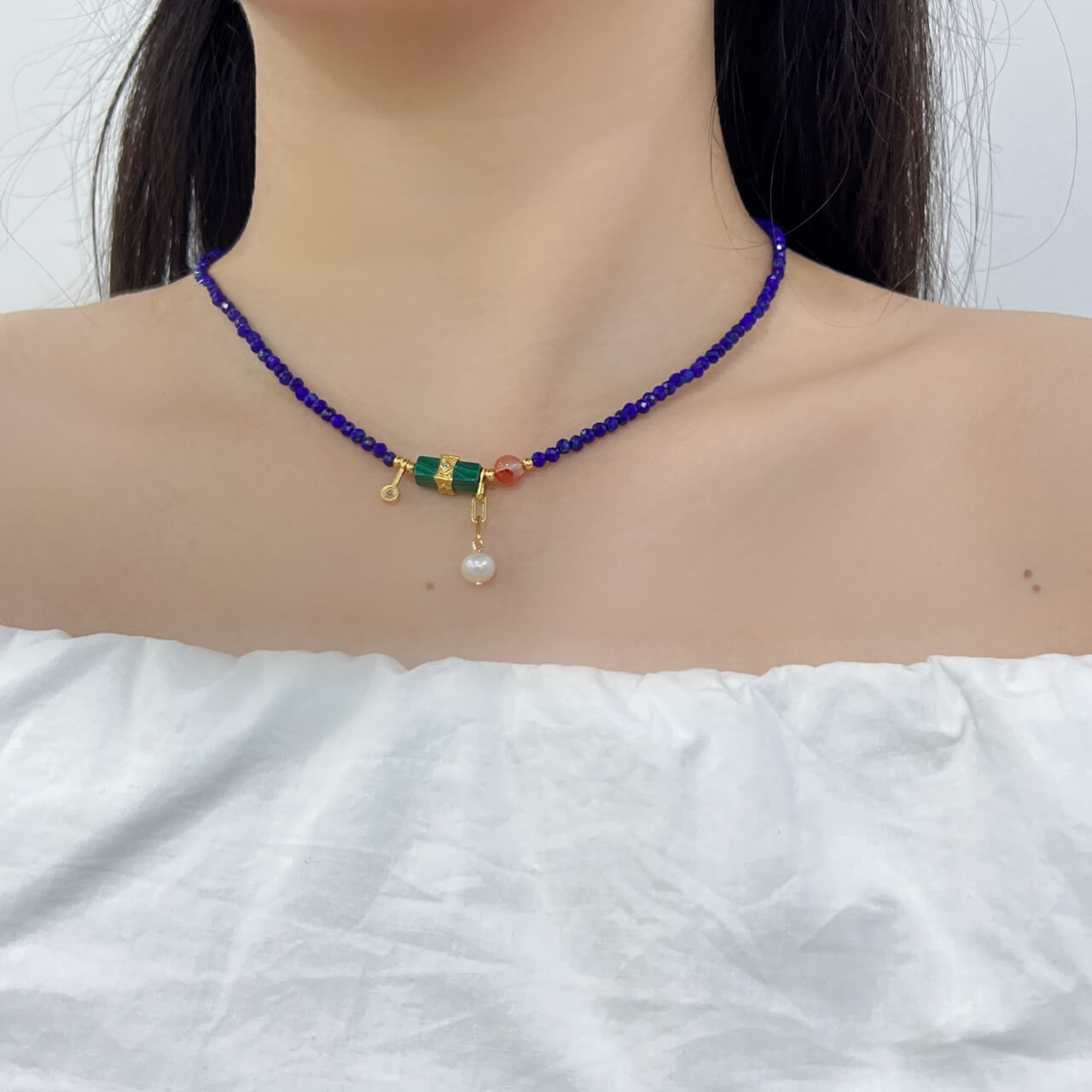 Karma Stone 925 Sterling Silver Lapis Lazuli Malachite Pearl Guardian Necklace