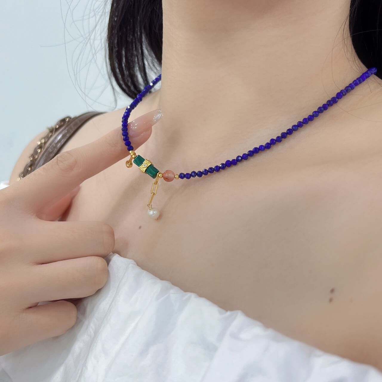 Karma Stone 925 Sterling Silver Lapis Lazuli Malachite Pearl Guardian Necklace