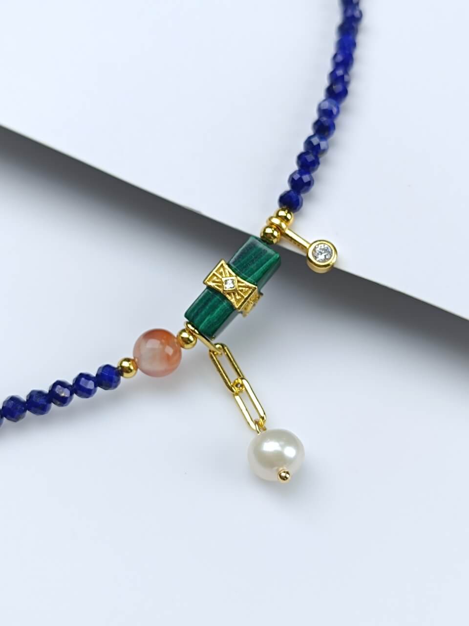 Karma Stone 925 Sterling Silver Lapis Lazuli Malachite Pearl Guardian Necklace
