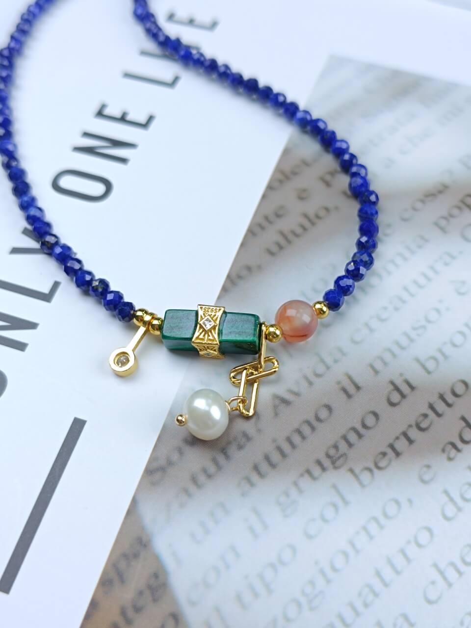 Karma Stone 925 Sterling Silver Lapis Lazuli Malachite Pearl Guardian Necklace