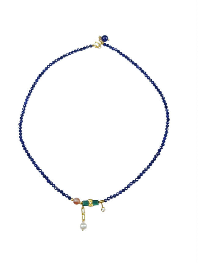 Karma Stone 925 Sterling Silver Lapis Lazuli Malachite Pearl Guardian Necklace
