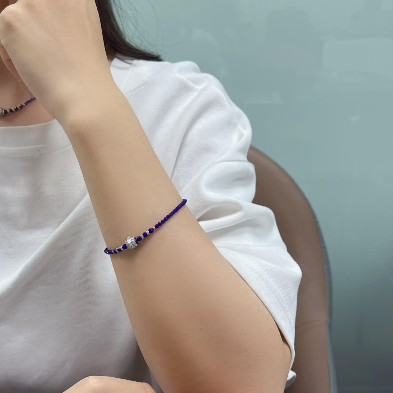 Lapis Lazuli Faceted Full Diamond Accent Bracelet