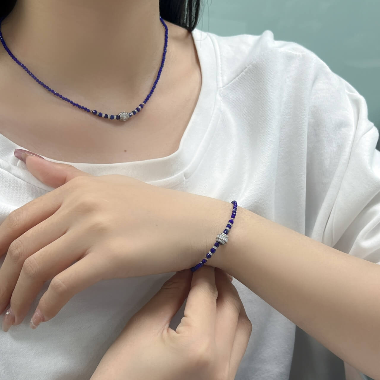 Lapis Lazuli Faceted Full Diamond Accent Bracelet