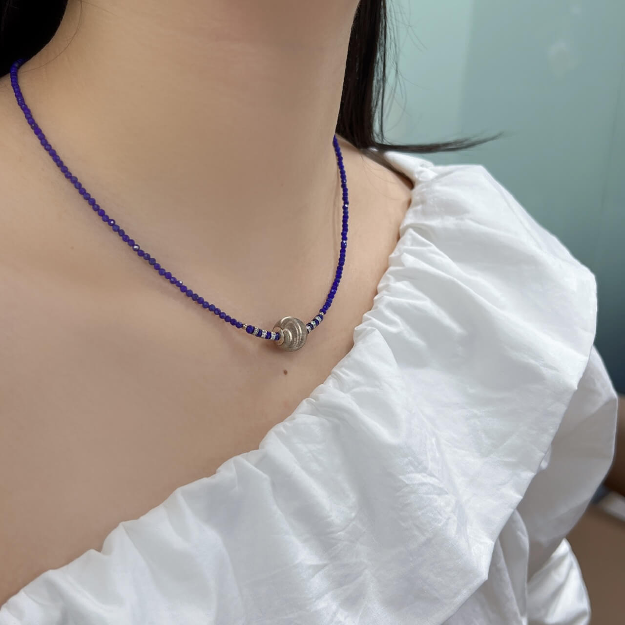 Lapis Lazuli 12mm Silver Ball Necklace Sterling Silver