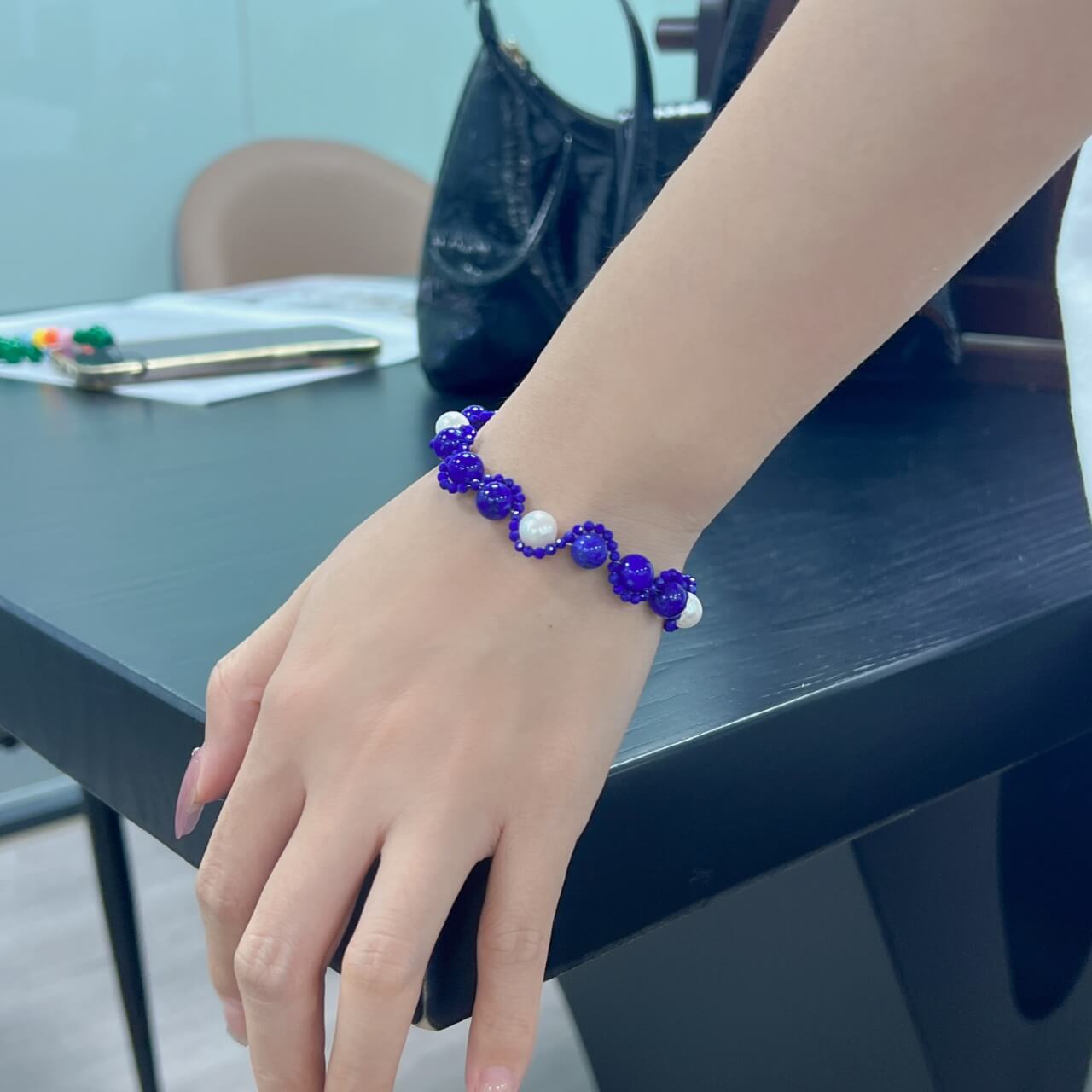 Lapis Lazuli Pearl S-Shaped Bracelet Natural Freshwater Pearls, Sterling Silver