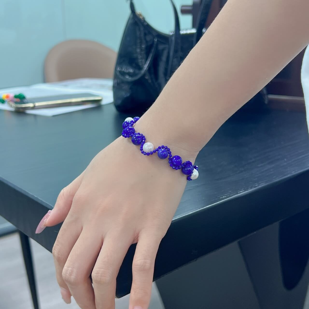 Lapis Lazuli Pearl S-Shaped Bracelet Natural Freshwater Pearls, Sterling Silver