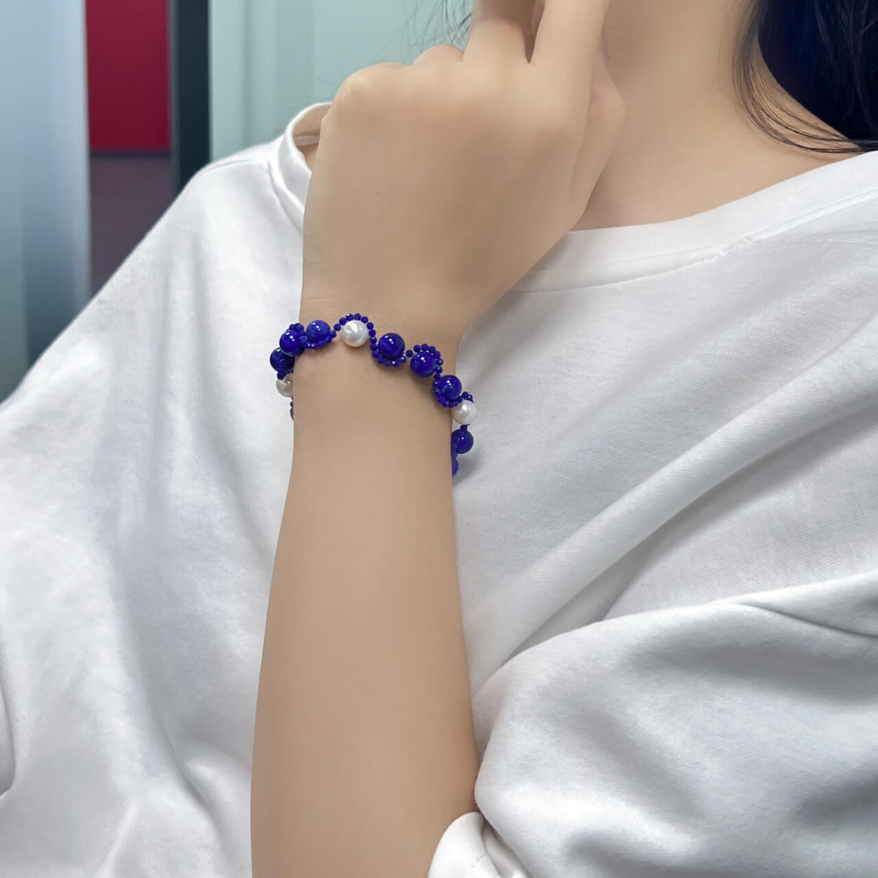 Lapis Lazuli Pearl S-Shaped Bracelet Natural Freshwater Pearls, Sterling Silver