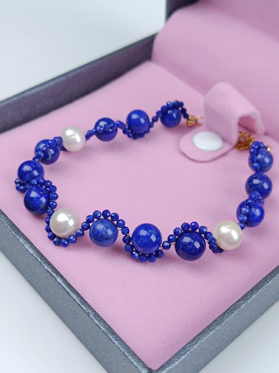 Lapis Lazuli Pearl S-Shaped Bracelet Natural Freshwater Pearls, Sterling Silver