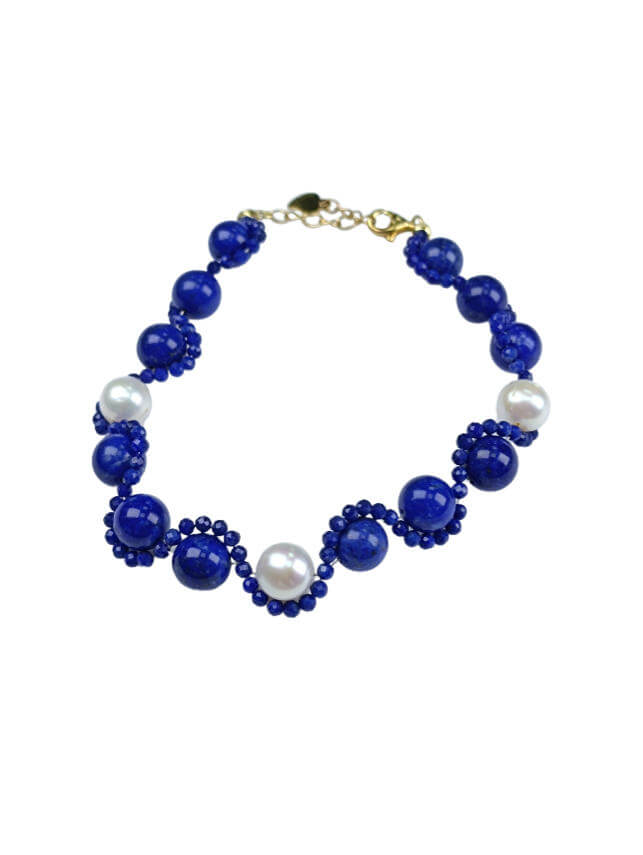 Lapis Lazuli Pearl S-Shaped Bracelet Natural Freshwater Pearls, Sterling Silver
