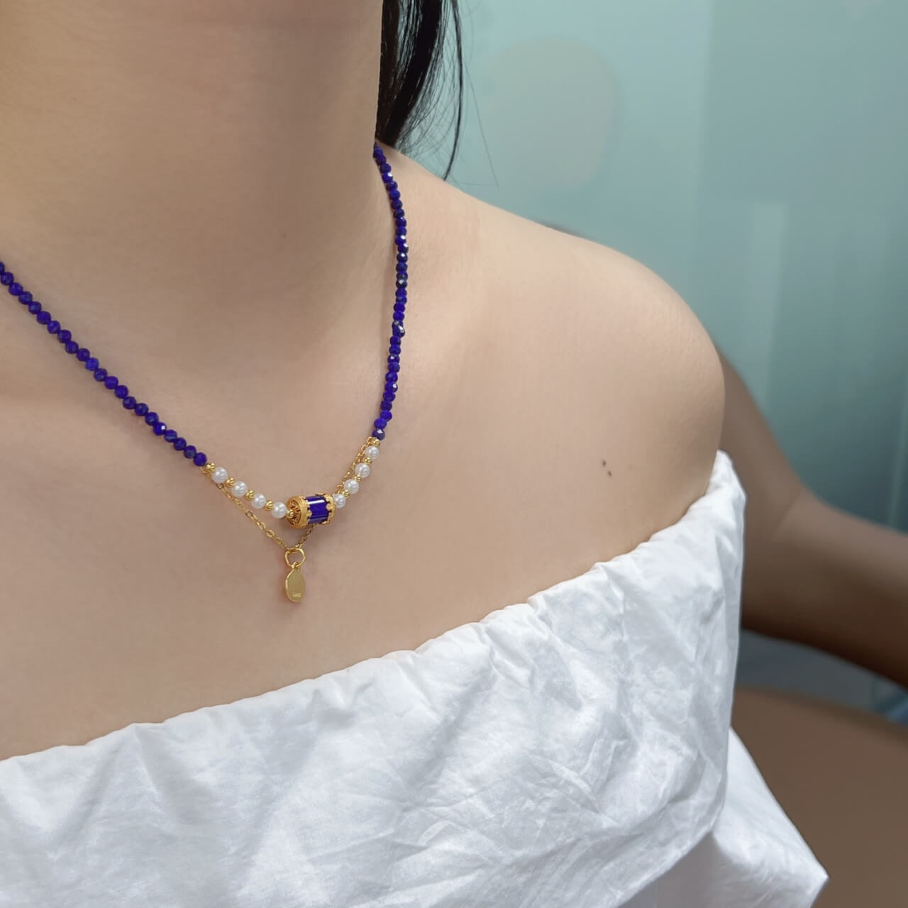 Lapis Lazuli Buddha Pendant Necklace Natural Freshwater Pearls, Sterling Silver