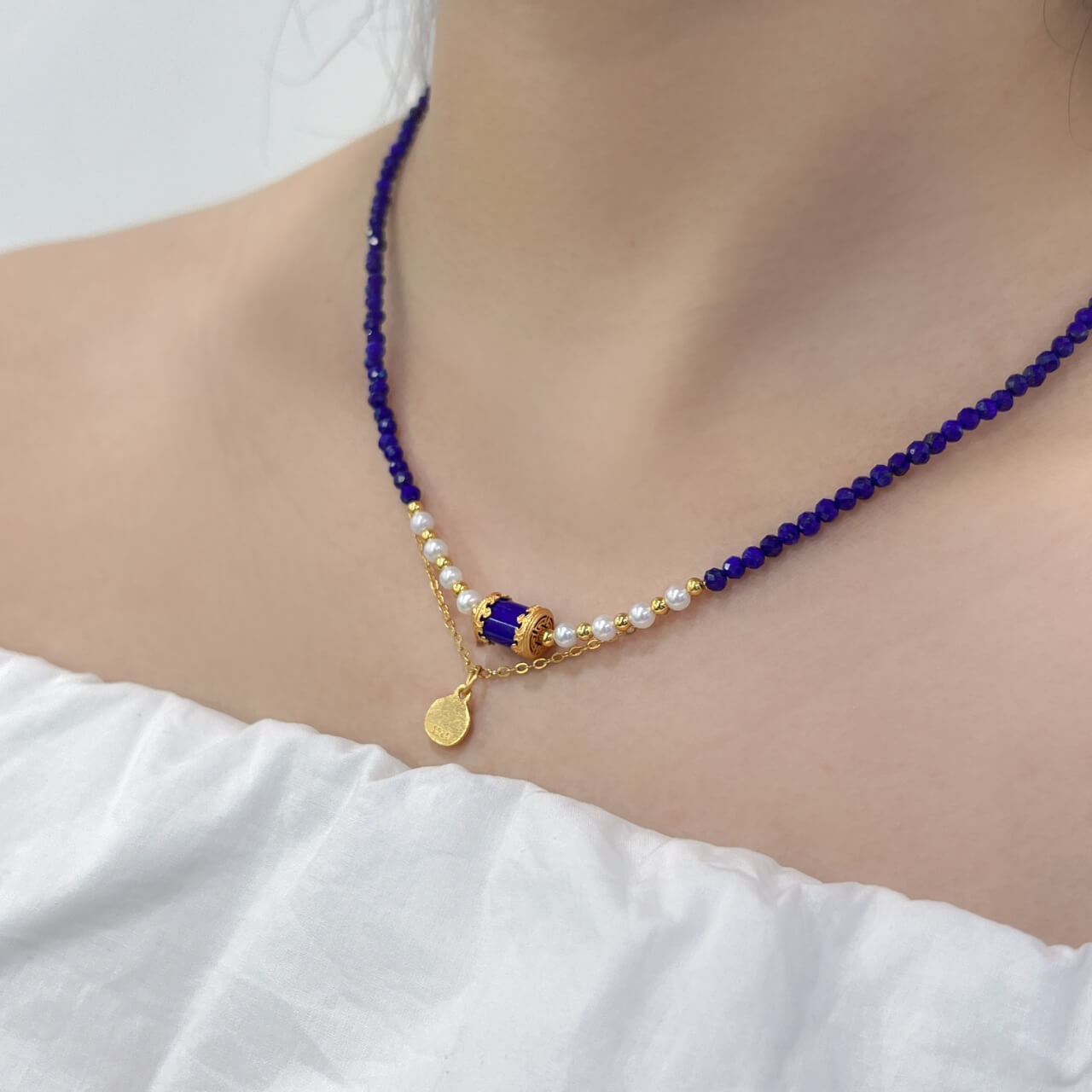 Lapis Lazuli Buddha Pendant Necklace Natural Freshwater Pearls, Sterling Silver