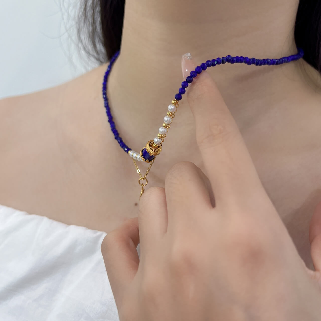 Lapis Lazuli Buddha Pendant Necklace Natural Freshwater Pearls, Sterling Silver