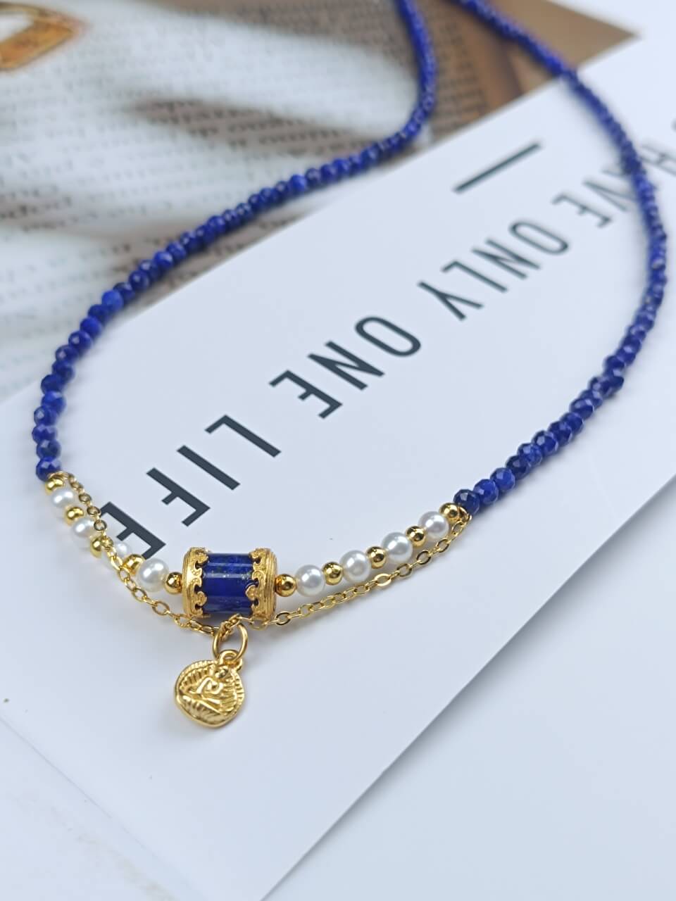 Lapis Lazuli Buddha Pendant Necklace Natural Freshwater Pearls, Sterling Silver