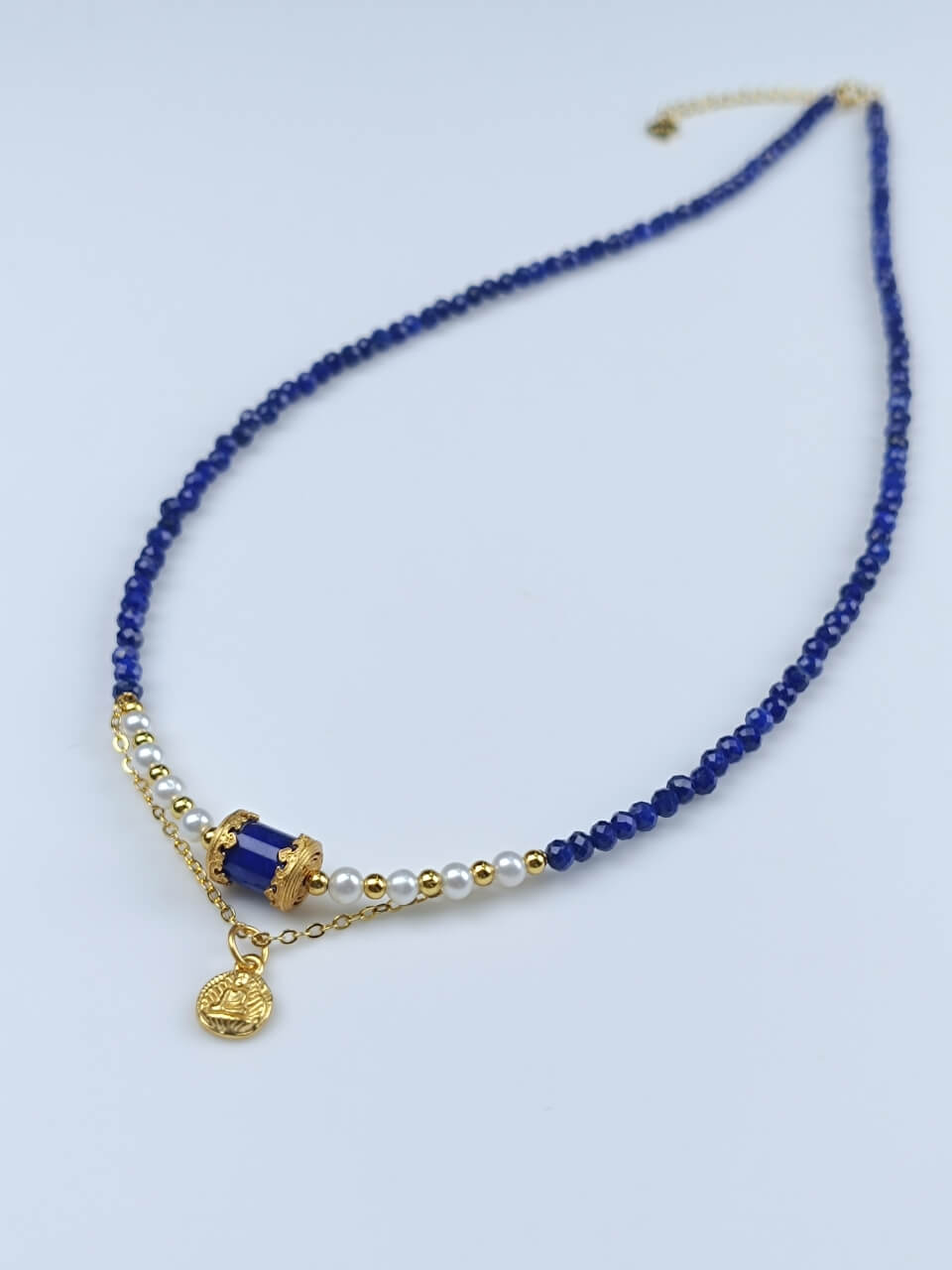Lapis Lazuli Buddha Pendant Necklace Natural Freshwater Pearls, Sterling Silver