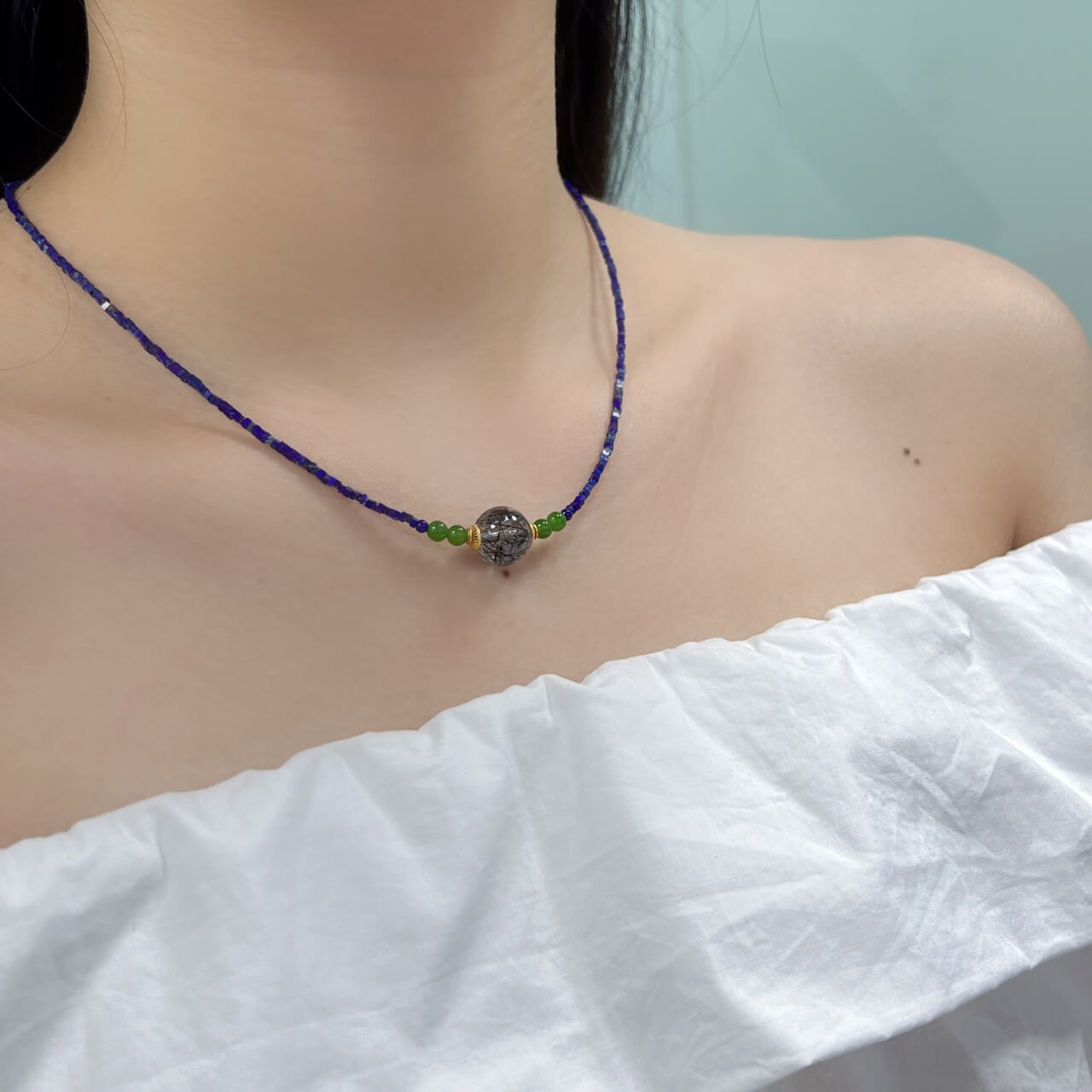 Lapis Lazuli Square Bead Black Hair Necklace Black Onyx, Jadeite, Sterling Silver