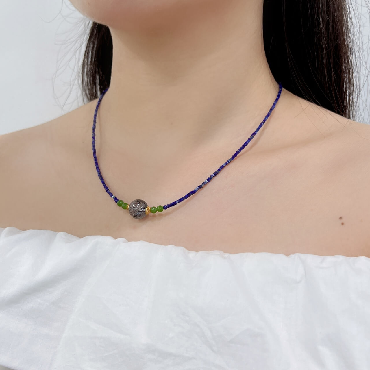 Lapis Lazuli Square Bead Black Hair Necklace Black Onyx, Jadeite, Sterling Silver