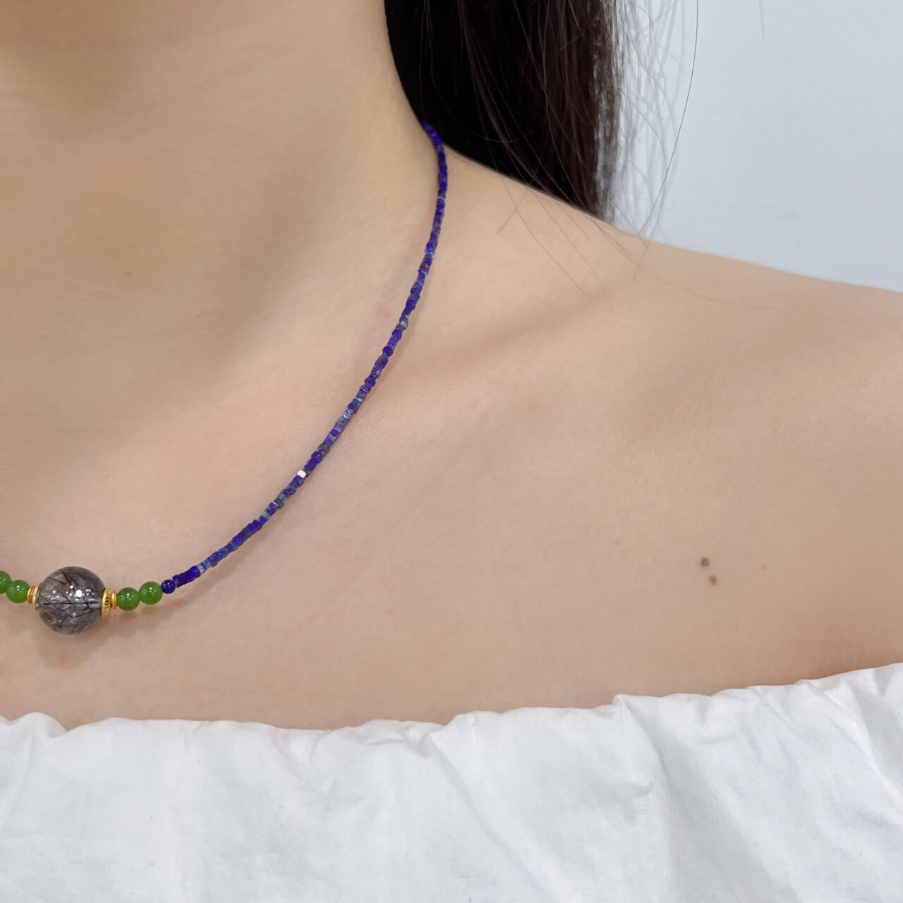 Lapis Lazuli Square Bead Black Hair Necklace Black Onyx, Jadeite, Sterling Silver