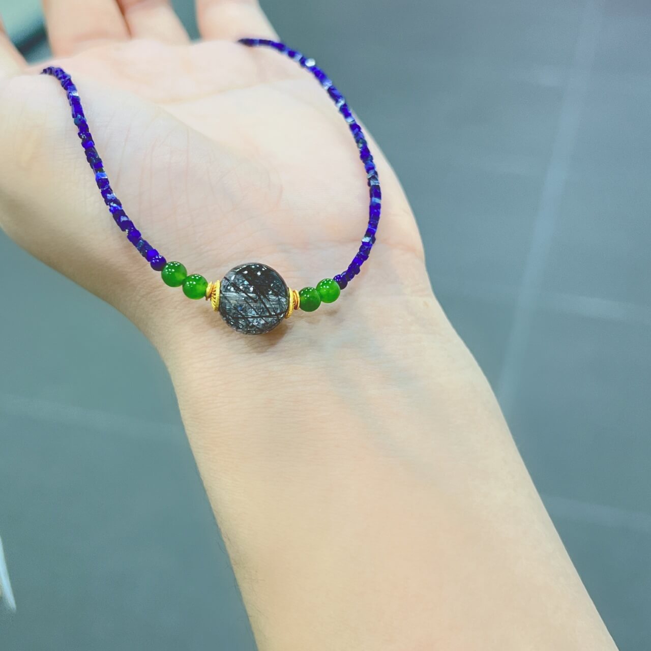 Lapis Lazuli Square Bead Black Hair Necklace Black Onyx, Jadeite, Sterling Silver