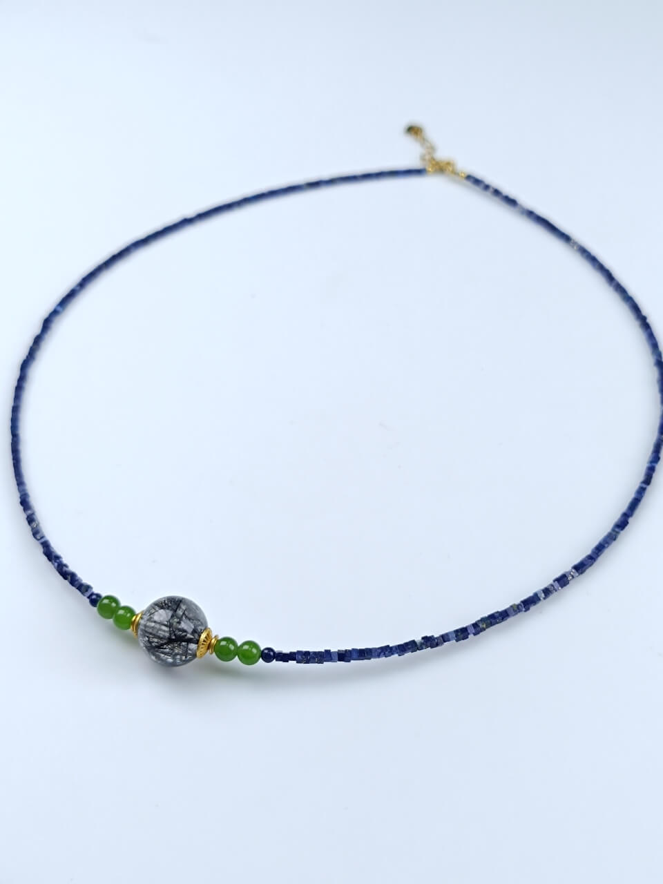 Lapis Lazuli Square Bead Black Hair Necklace Black Onyx, Jadeite, Sterling Silver