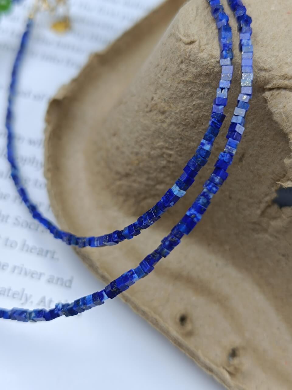 Lapis Lazuli Square Bead Black Hair Necklace Black Onyx, Jadeite, Sterling Silver