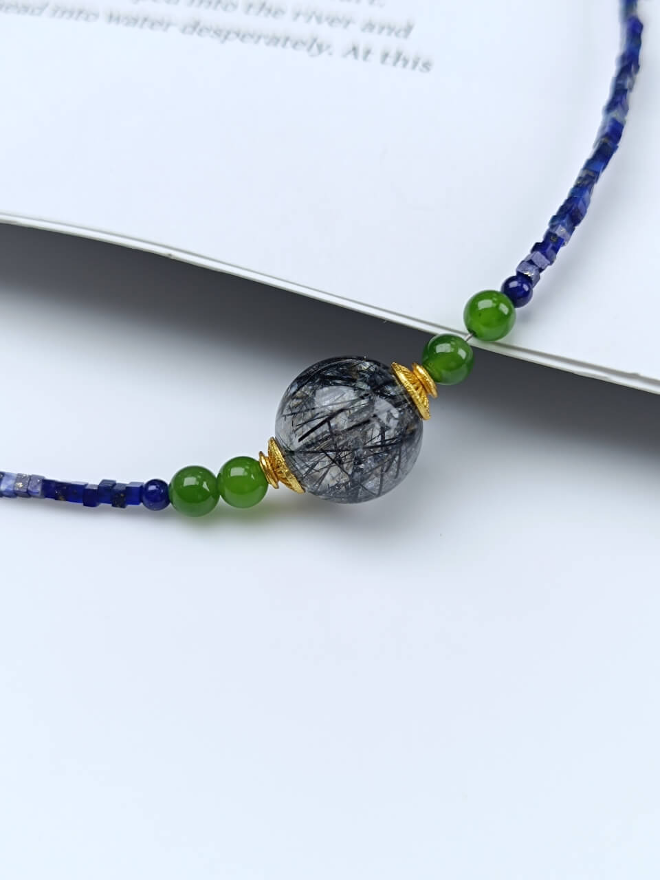 Lapis Lazuli Square Bead Black Hair Necklace Black Onyx, Jadeite, Sterling Silver