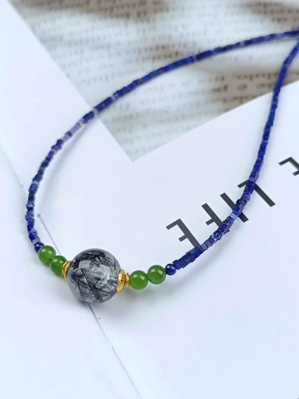 Lapis Lazuli Square Bead Black Hair Necklace Black Onyx, Jadeite, Sterling Silver