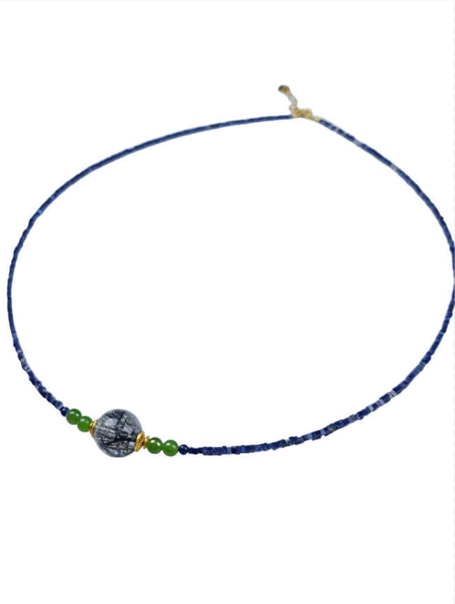 Lapis Lazuli Square Bead Black Hair Necklace Black Onyx, Jadeite, Sterling Silver