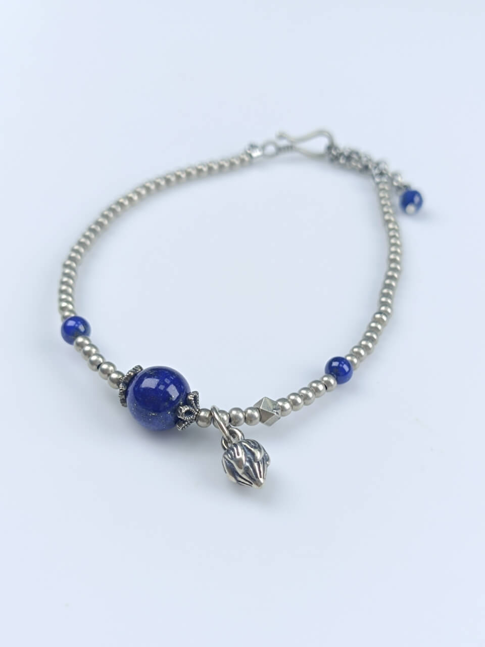 Karma Stone Lapis Lazuli Silver Bead Bracelet 925 Sterling Silver
