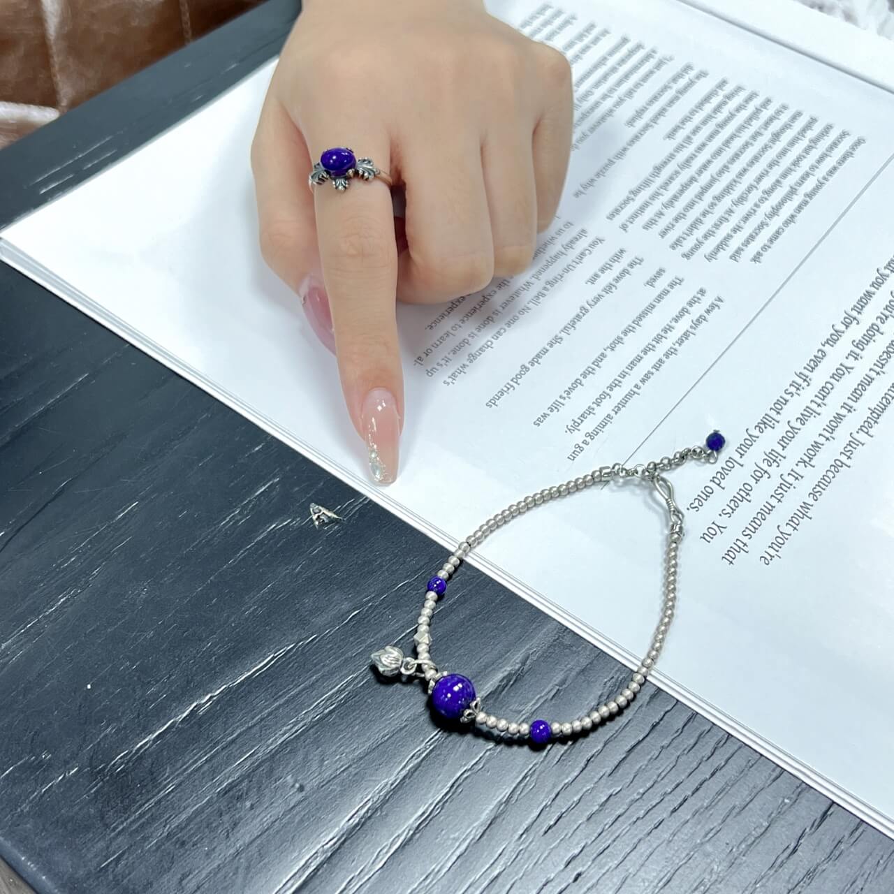 Karma Stone Lapis Lazuli Silver Bead Bracelet 925 Sterling Silver